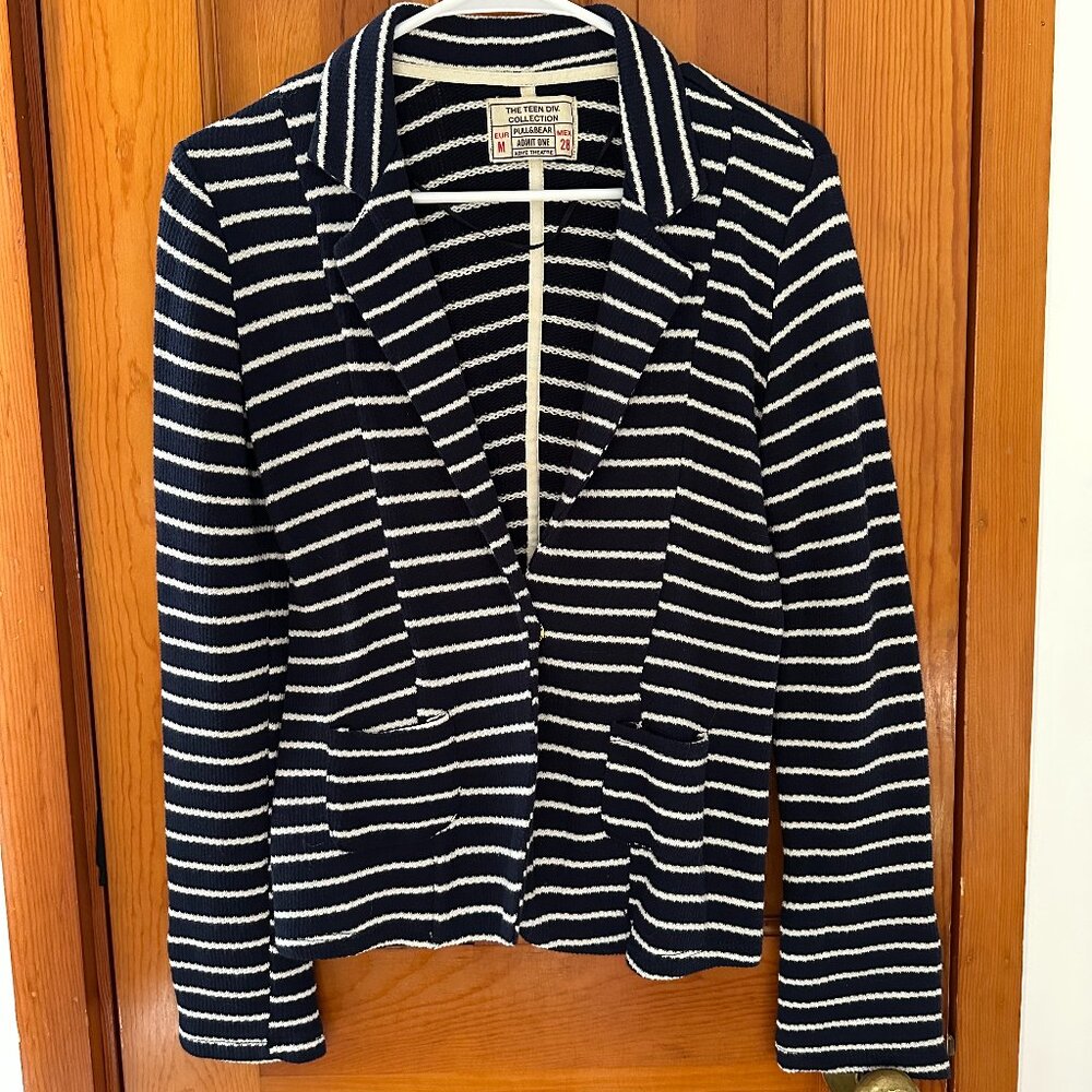 Pull & Bear Navy & White Striped Knit Blazer - Medium